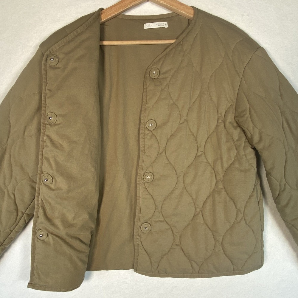 Zara Quilted Liner Jacket Womens Medium Tan Button Up Casual Minimalist - Picture 3 of 11